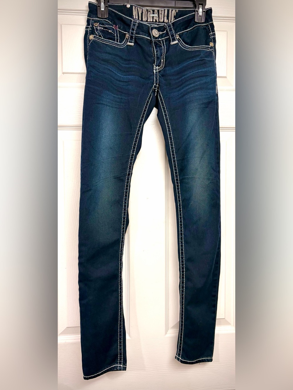 Y2K Hydraulic Dark Blue Skinny Jeans with Contrast Stitching